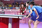 Deutsch: Tischtennis bei den Olympischen Jugendspielen 2018; Tag 9, 15. Oktober 2018; Mixed, Finale, Mixed-Doppel – Miu Hirano & Tomokazu Harimoto (JPN) gegen Sun Yingsha & Wang Chuqin (CHN) 1:3 English: Table tennis at the 2018 Summer Youth Olympics at 15 October 2018 – Mixed Final, Mixed-Double – Miu Hirano & Tomokazu Harimoto (JPN) Vs Sun Yingsha & Wang Chuqin (CHN) 1:3