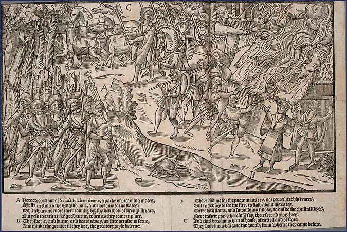 A raid depicted in The Image of Irelande (1581). Kerns made up the core of the army, as light infantrymen. The Image of Irelande - plate02.jpg
