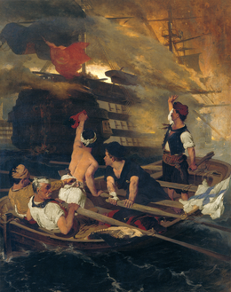 pintura de um navio em chamas e homens em um barco em primeiro plano.