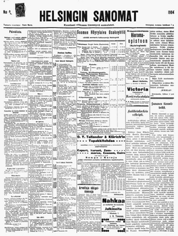 Helsingin Sanomien etusivu 7. heinäkuuta 1904.