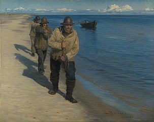P.S. Krøyer, Tre fiskere trækker en båd., 1885