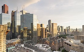 Toronto's Financial District from the northeast at the Pantages Tower. The district is the city's central business district. Toronto August 2017 03.jpg
