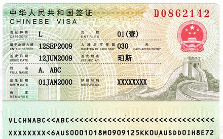 Entry tourist visa to China