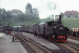 Two locomotives of the 298 series are shunting in Garsten, 1977