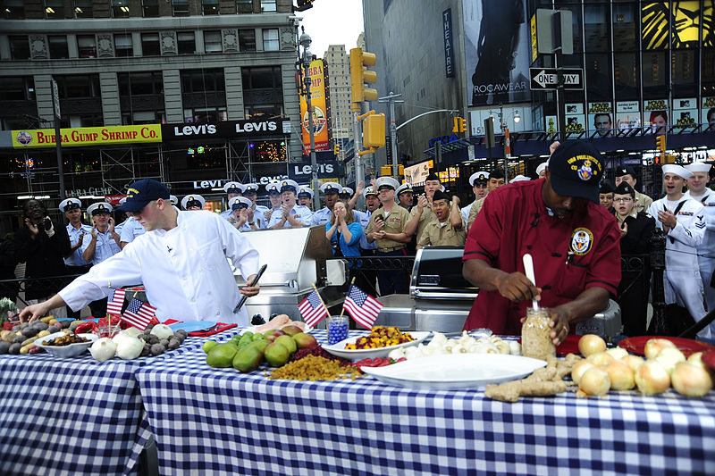 File:US Navy 100529-N-3041C-010 Navy Culinary Specialist 1st Class Keith Combo and Coast Guard Food Service Specialist 2nd Class Robert Runn compete in a cookout on ABC's Good Morning America in Times Square.jpg