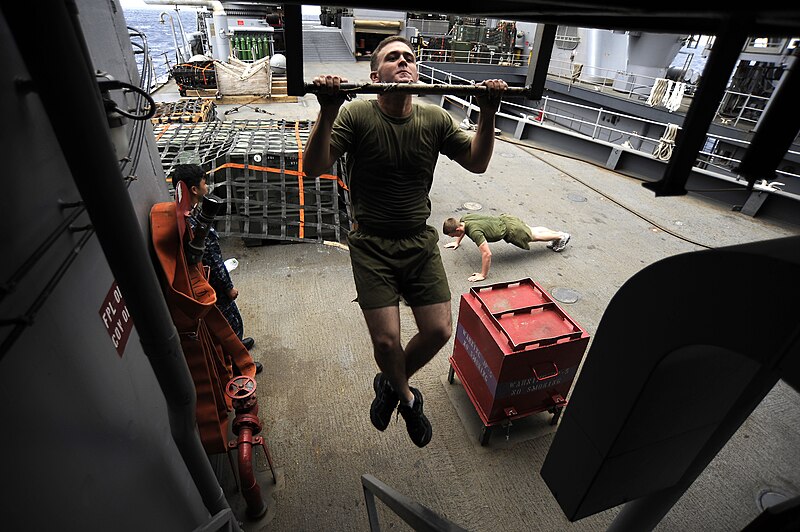 File:US Navy 101116-N-8335D-097 Lance Cpl. Brendon Wald, assigned to the 31st Marine Expeditionary Unit (31st MEU), does pull-ups aboard the amphibious.jpg