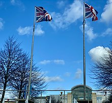 Union Flags on display in 2022 in front of the Mall's Main Entrance. Union Flags Mall Cribbs South Glos.jpg