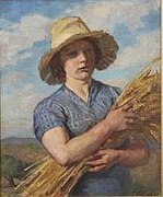 Paysan au chapeau tenant une gerbe de blé.