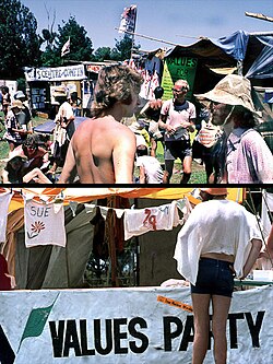 Values Party at the 1979 and 1981 Nambassa alternatives festival. Values Party canvassing at Nambassa 1979 & 1981, New Zealand.jpg