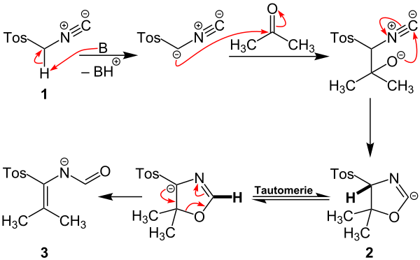 Erster Teil des Reaktionsmechanismus der Van-Leusen-Reaktion