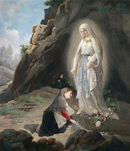 Our Lady of Lourdes's 9th apparition, 25 February 1858, by Virgilio Tojett (1877), after Bernadette Soubirous' description.[39] Soubirous claimed the Lady identified herself as the "Immaculate Conception".