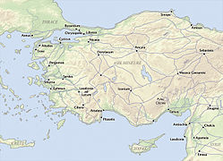 Carte des voies romaines sur le territoire actuel de Turquie, en région d'Anatolie, divisé en sept provinces (Asie, Lycie, Bithinie, Galacie, Cappadoce, Cilicie et Syrie), sous l'Empire Romain.