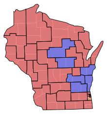 Senate partisan representation
Democratic: 7 seats
Social Dem.: 1 seat
Republican: 25 seats WI Senate Partisan Map 1913.svg