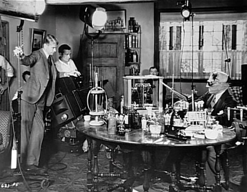 Director James Whale (left) on set of The Invisible Man