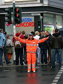 Traffic cadet on a road crossing in Wuppertal Wuppertal - Langer Tisch 2009 - Morianstrasse 01 ies (cropped).jpg
