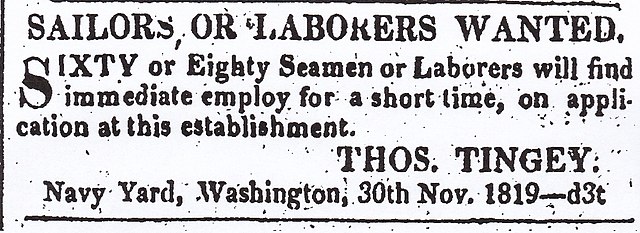 "Sailors or Laborers Wanted" for Washington Navy Yard, City of Washington Gazette 1 Dec 1819