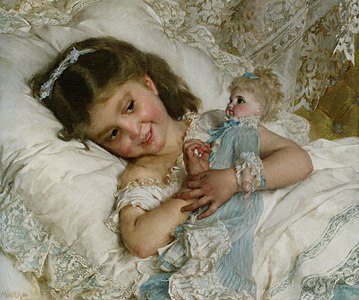 1881.5 Girl with doll label QS:Len,"Girl with doll" 1881