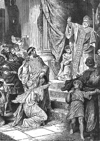 Święty Ambroży (zabrania cesarzowi Teodozjuszowi wstępu do kościoła).