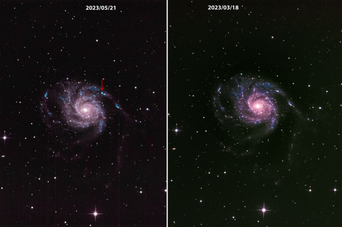 Two comparative images of the Messier 101 galaxy with and without a supernova. Photo by Serhiy Khomenko