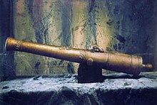 The first of three bronze 4-pounder cannons discovered in the hold of La Belle, recovered in July 1995. The remaining two guns are pictured below. 030331 labelle cannon.jpg