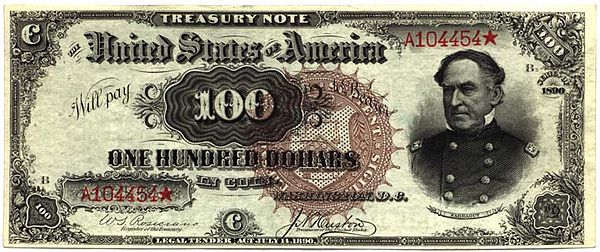 A $100 Treasury Note, authorized by the Sherman Silver Purchase Act, redeemable in gold or silver coin