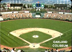 The Oakland Athletics hosting a game at the Oakland-Alameda County Coliseum in 1985. 1985 Mother's Cookies - Oakland Coliseum.JPG