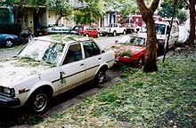 The aftermath of the 1999 hailstorm on a suburban Sydney street 1999 Sydney hailstorm cardamage.jpg