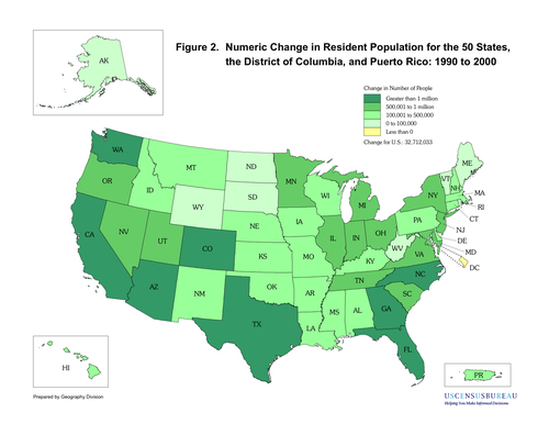 図2: アメリカ合衆国の人口動態の数的変化、国内50州とワシントンD.C. ならびにプエルトリコ (1990年‐2000年)