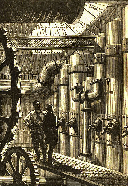 Original illustration of Jules Verne's Nautilus engine room