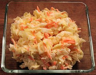 <span class="mw-page-title-main">Coleslaw</span> Salad consisting primarily of finely-shredded raw cabbage
