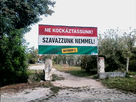 One of the government's billboards, advocating a "no" vote 2016-os magyar kvotanepszavazas, kormanyplakat.jpg