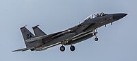 A US Air Force F-15C Eagle, tail number 83-0046, on final approach at Kadena Air Base in Okinawa, Japan