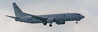 A Boeing P-8 Poseidon, tail number 168761, on final approach at Kadena Air Base in Okinawa, Japan. It is assigned to Patrol Squadron 45 (VP-45) at NAS Jacksonville, Florida, United States.