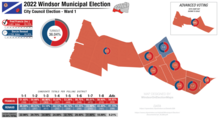 Results of the election in Ward 1. Polling districts are shaded by which candidate gained the majority of the vote. 2022 Windsor Municipal Election - Ward 1 Results by Polling District.png