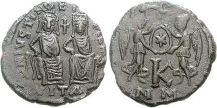 Justin II and Sophia depicted on a Nummi coin