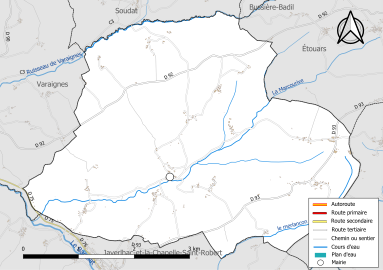 Carte en couleur présentant le réseau hydrographique de la commune