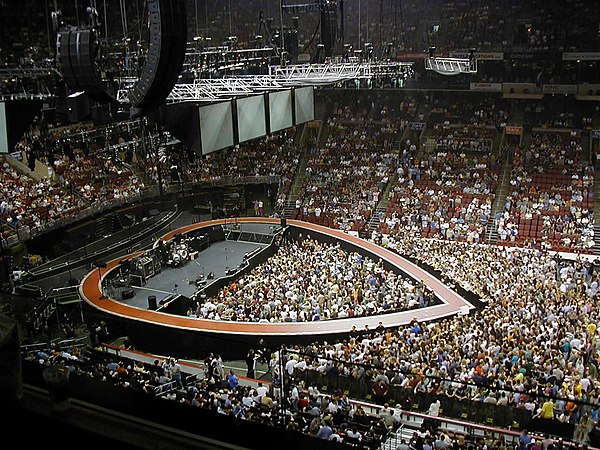 The stage before a June 2001 concert in Philadelphia. The overhead speaker and lighting systems are visible.