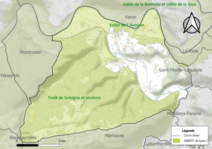 Carte des ZNIEFF de type 2 sur la commune.