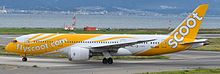 Scoot is the low-cost arm of Singapore Airlines. 9V-OFB (30227693031).jpg