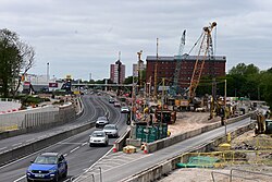 A June 2023 westbound overview of extensive roadworks on the Castle Street-Mytongate section of the A63 in Kingston upon Hull.