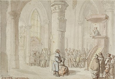 A drawing by Thomas Rowlandson of a sermon in Exeter Cathedral