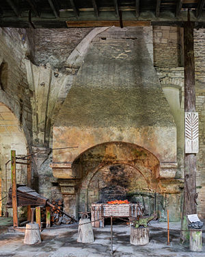 Forging equipment, illustrating metallurgy in the forge of Abbey of Fontenay, France.