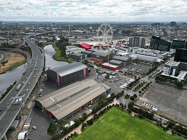 Aerial perspective of the Docklands: Melbourne Flyer, the District and Docklands film studio, March 2023