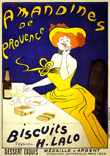 Amandines de Provence, poster by Leonetto Cappiello, 1900, which shows a woman eating almond cookies