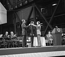 Neil Armstrong being awarded the first medal by President Jimmy Carter in 1978, with subsequent recipients Borman and Conrad seated. Armstrong Awarded Space Medal of Honor - GPN-2000-001863.jpg