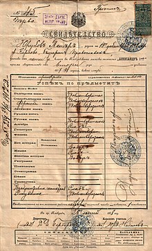 O certificado do aluno Petar Jurukov.  As notas escolares nas disciplinas individuais são listadas (1898)