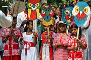 Children in Bangladesh carrying colorful placards in Pohela Boishakh's rally