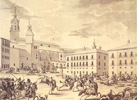 Entrance of General Alava during the Battle of Vitoria in the Napoleonic French Invasion. Drawing located in the Kutxabank archives. (circa 1813). Here seen the two towers crowning the plaza. Battle-Vitoria-Gasteiz.jpg