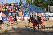 Deutsch: Beachhandball Europameisterschaften 2019 (Beach handball Euro); Tag 1: 2. Juli 2019 – Männer, Vorrunde Gruppe D, Polen-Schweden 2:1 (18:10, 15:9; 8:6) English: Beach handball Euro; Day 1: 2 July 2019 – Men Preliminary Round Group D – Poland-Sweden 2:1 (18:10, 15:9; 8:6)