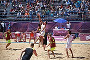 Deutsch: Beachhandball bei den Olympischen Jugendspielen 2018; Tag 4, 10. Oktober 2018; Jungs, Vorrunde, Gruppe A - Spanien-Venezuela 2:0 English: Beach handball at the 2018 Summer Youth Olympics at 10 October 2018 – Boys Preliminary Round Group A – Spain-Venezuela 2:0